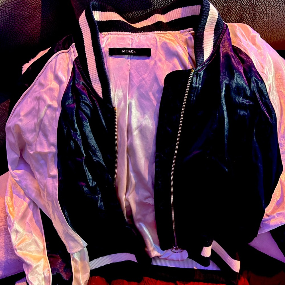 MO and Co. letterman silk jacket.